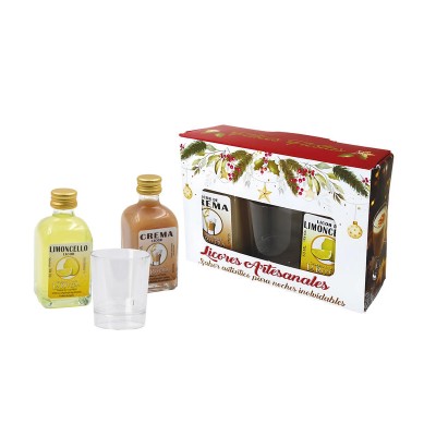 Caja 2 Licor 50ml Frasca 15  Alt 8cm limoncello y crema c/vaso chupito