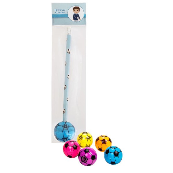 Lápiz y sacapuntas de balón fútbol Mi primera comunión niño azul cielo