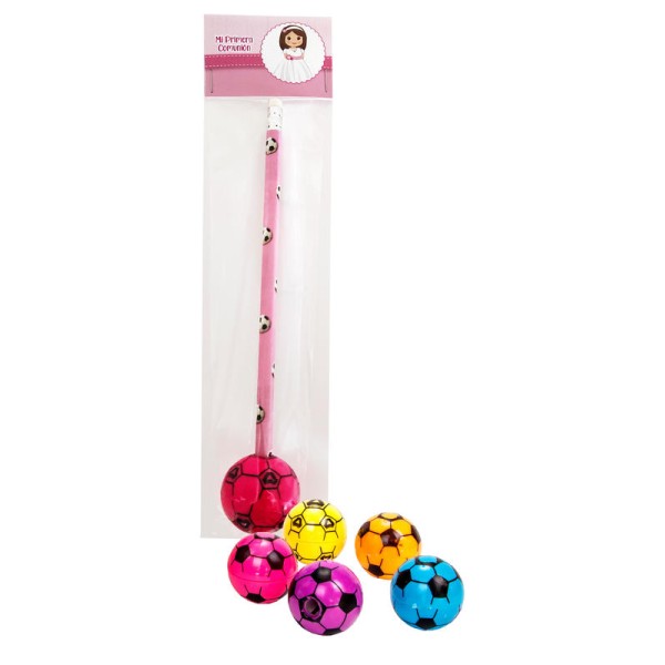 Lápiz y sacapuntas de balón fútbol Mi primera comunión niña rosa