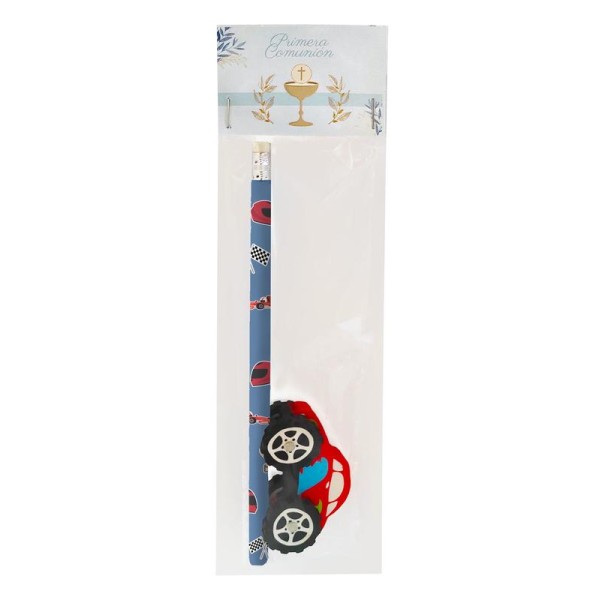 Lápiz y goma de coche c/cartulina cáliz azul cielo