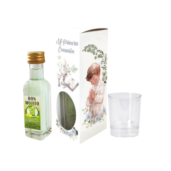 Licor 20ml Marasca cristal 15% Alt.9cm finas hierbas + vaso chupito c/caja niño comunión
