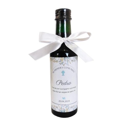 Vino tinto 13 5  180ml botella plástico Alt 16 5cm con pegatina Mi primera comunión niño mas lazo blanco