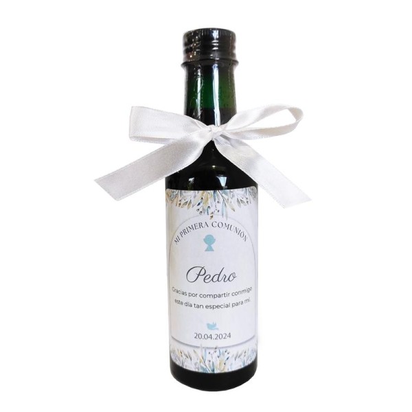 Vino tinto 13,5% 180ml botella plástico Alt.16,5cm c/pegatina personalizable Mi primera comunión niño + lazo