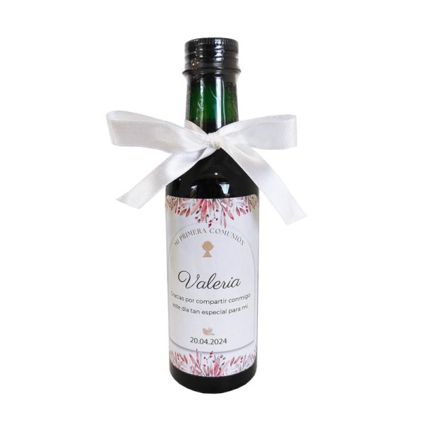Vino tinto 13,5% 180ml botella plástico Alt.16,5cm c/pegatina personalizable Mi primera comunión niña+lazo