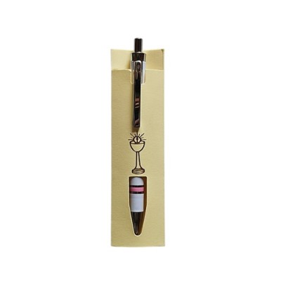Bolígrafo blanco con franja rosa   funda beige c/cáliz