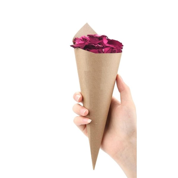 Lote de  30 cucuruchos papel kraft con pétalos de rosas artificial con bandeja para colocarlo