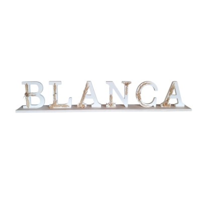 Nombre letra madera 11cm Blanca c/pie de madera 70x7x12cm