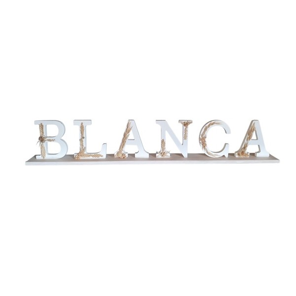 Nombre letra madera 11cm Blanca c/pie de madera 70x7x12cm