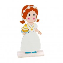 Figura madera niña comunión c/pastel 16 cm