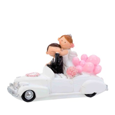 Figura pareja novios en coche c/globo rosa 15,5 x 6 x 10 cm